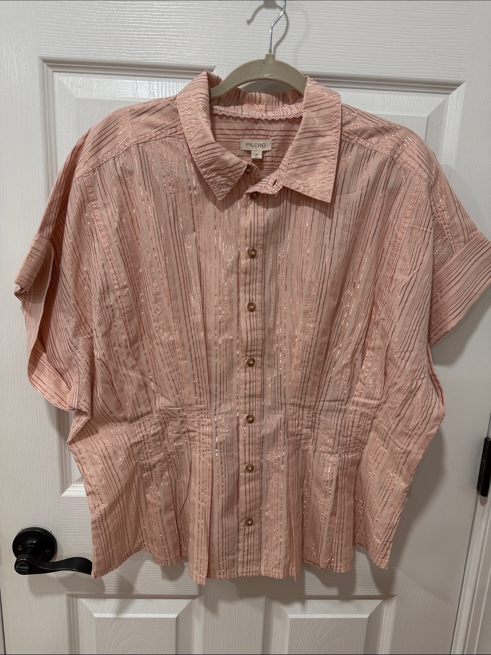 NWT Pilcro Metallic Stripe Blush Pink Button-Front Short Sleeve Blouse Sz XL - Picture 2 of 8